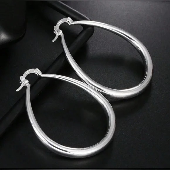 Silver 925 41 Mm Drop Shape Hoop Earrings